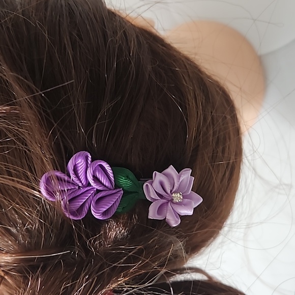 Hand Crafted Purple Barrette Hair Clip Floral Ribbon flowers purple 2- Piece set - Picture 15 of 16